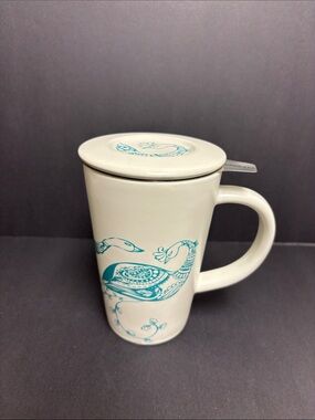 Vintage David’s Tea Peacocks Mug in Teal and White with Infuser and Lid
